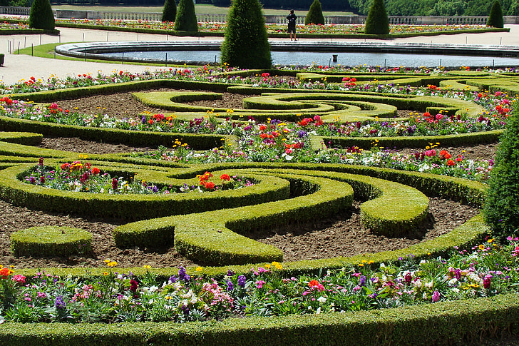 Versailles, dārza, ziedi, Dzīvžogu, NVS, strūklaka, alejas