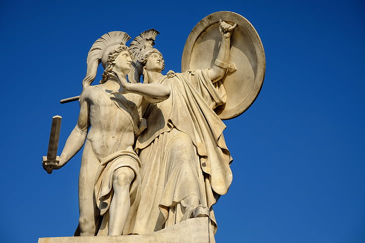 Denkmal, griechische Götter Figuren, Athena, geschützt, statt, Angriffe, Zahlen