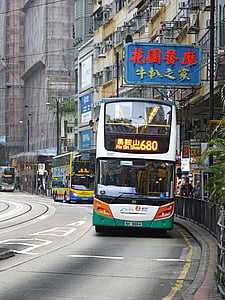 Hongkong, buss, byen, bygge, skilt, veien, bygate