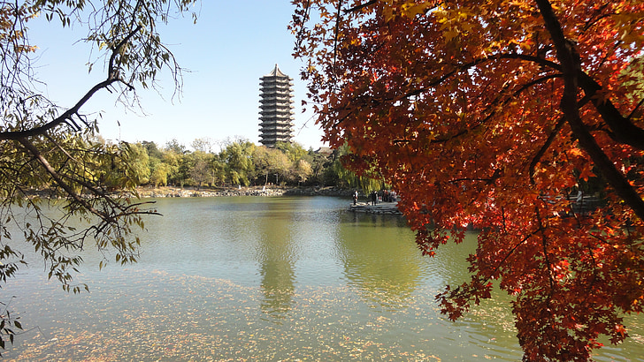 Kína, turizmus, a táj, ősz, piros, pekingi Egyetem, Weiminghu