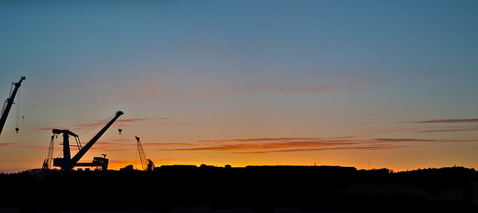 Crane, matahari terbenam, langit, malam, cakrawala, Brest, Port