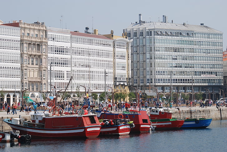 Coruña, hamn, båtar, våren, båt, fiske, Windows