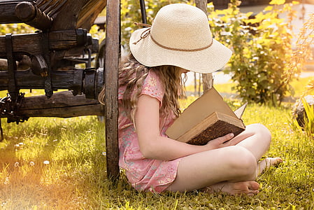 person, human, female, girl, hat, book, read