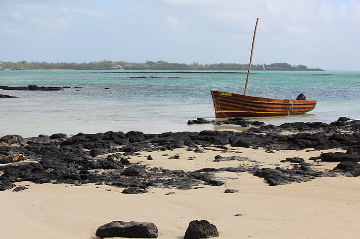 boot, beach, wooden boat, rock, mauritius