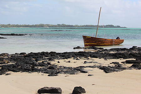avvio, spiaggia, barca di legno, roccia, Mauritius