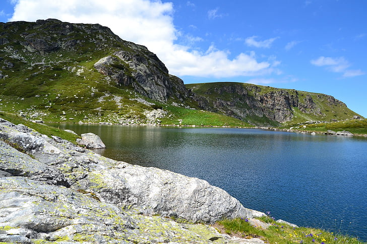 muntanya, Llac, l'aigua, Roca, cel, núvols, natura