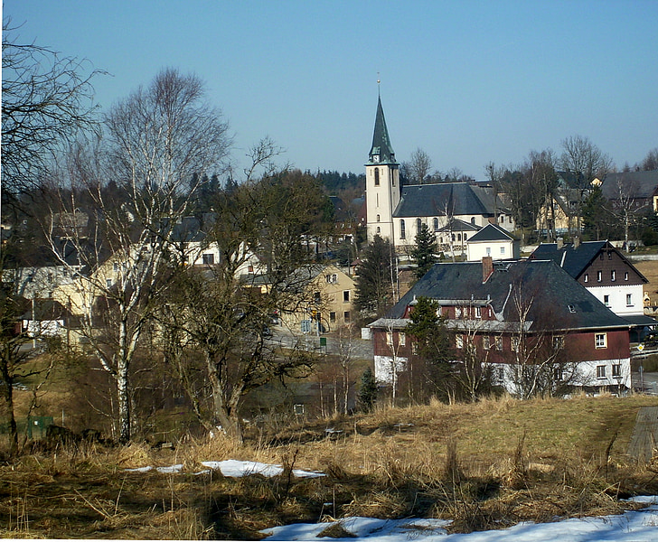 nemški neudorf, regiji Krušné hory, pogled, cerkev, meja, mesto, vasi