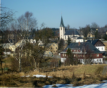 Saksan neudorf, Erzgebirge, näkymä, kirkko, rajalla, paikka, Village