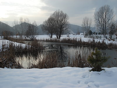 ziemas, ezers, daba, sniega, ainava, ūdens
