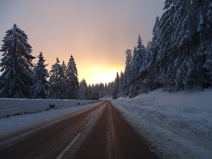 winter, road, wintry, mountains, snow, mood, sunrise