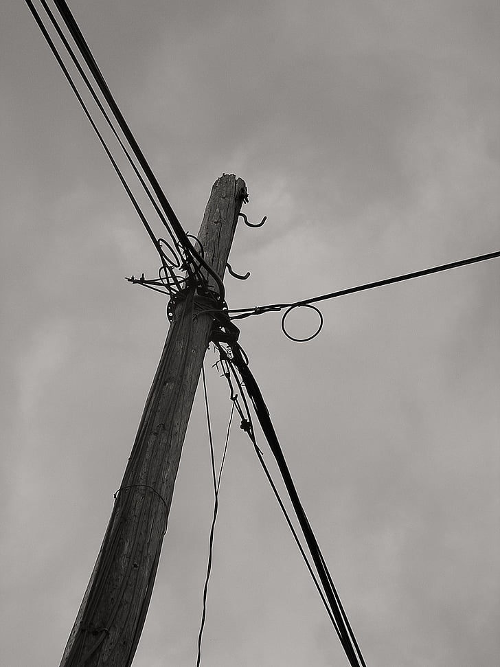 electrical wiring, column, wooden, cables, wires, electrics, black and white