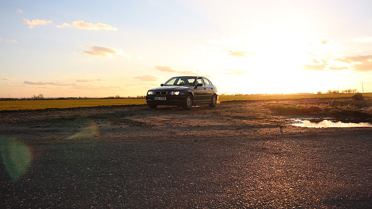 auto, západ slnka, vozidlo, objektív vzplanutia, BMW, E46, automobil