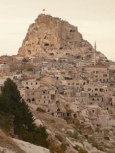Uchisar, mesto, Apartmány, travertínové, Cappadocia, Nevsehir, Turecko
