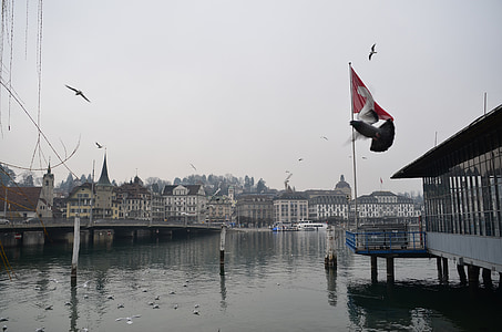 瑞士, 码头, 水, luzern, 湖, 建筑, 天际线