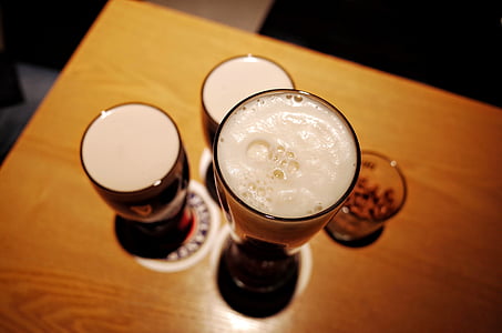 beer, pub, table, foam, glasses