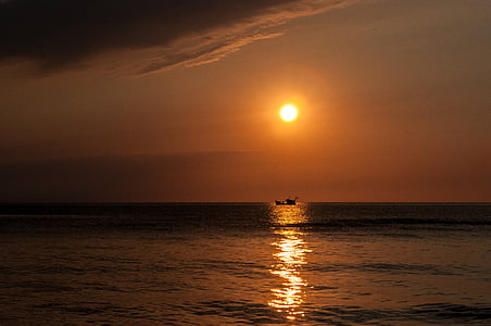 båt, havet, solnedgång, naturen, solen, skymning, siluett