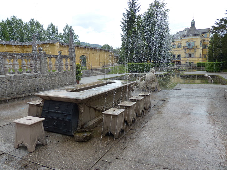 tabela de Lordes, Hellbrunn, característica da água, mesa de mármore, assentos, tabela, brincalhão