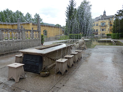 lords table, hellbrunn, water feature, marble table, seats, table, playful