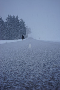 blizzard, road, way home, alone, leave, cold, person