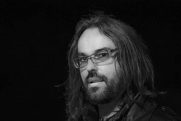 man, portrait, black and white, long hair, glasses, beard
