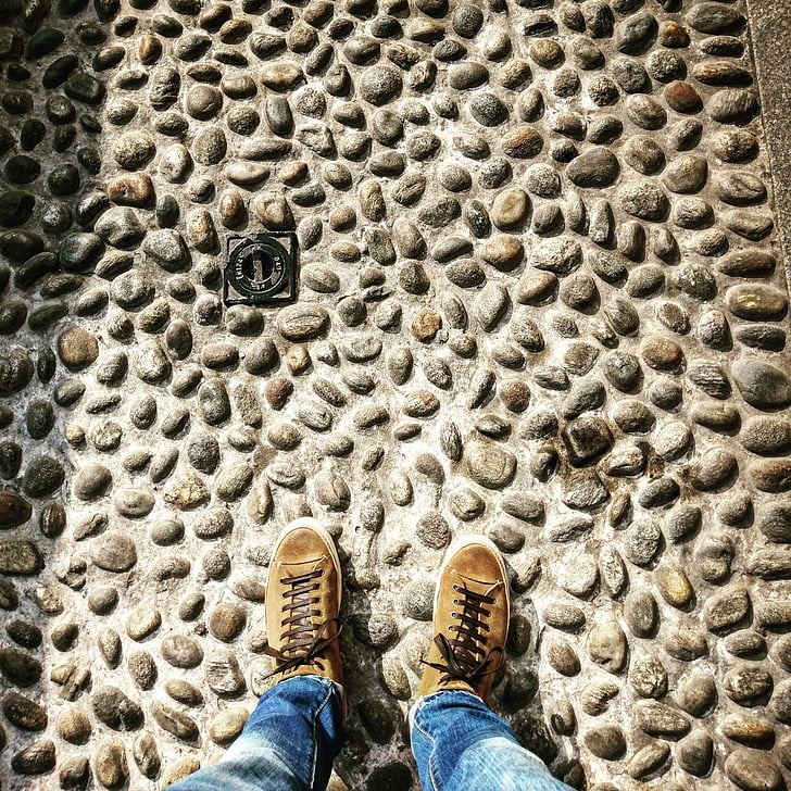 piso, pedras, sapatos, textura, homem