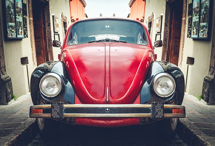cotxe, vermell, escarabat, Volkswagen, carrer, vehicle, antiquat