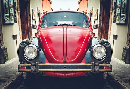 auto, červená, brouk, Volkswagen, ulice, vozidlo, staromódní