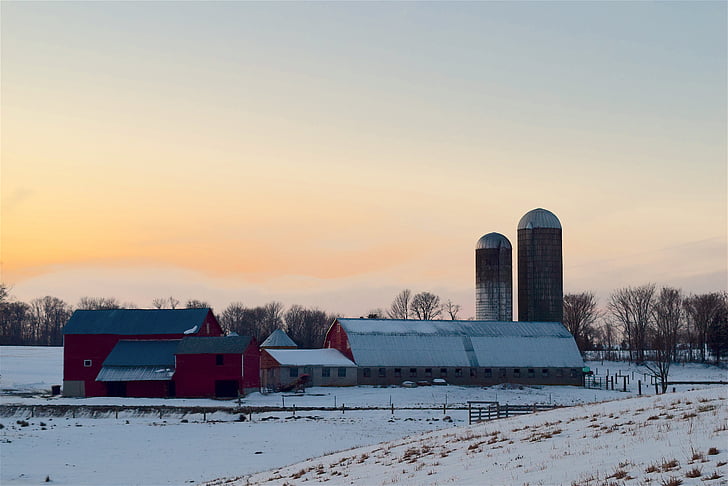 snow, farm, sunset, barn, buildings, winter, nature