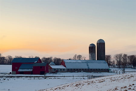 sne, Farm, Sunset, stald, bygninger, vinter, natur