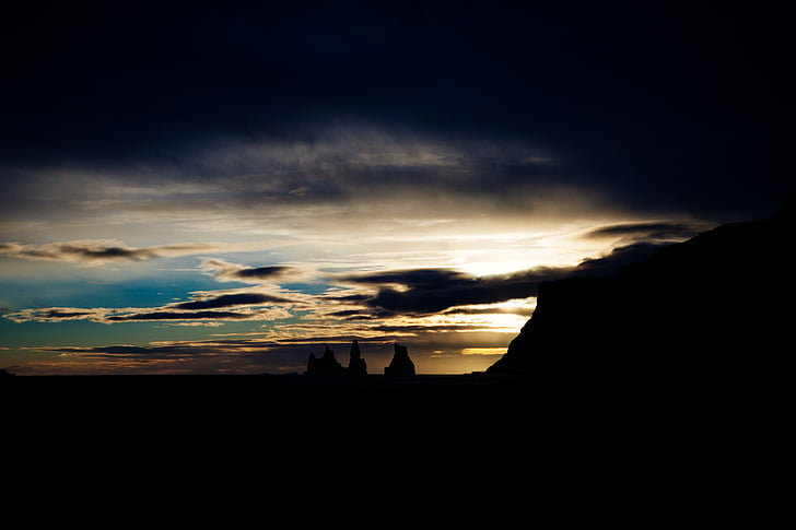 oscuro, amanecer, al atardecer, Islandia, salida del sol, puesta de sol, Crepúsculo