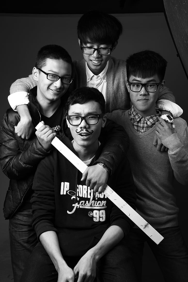 four people, character, black and white, combination, model, funny