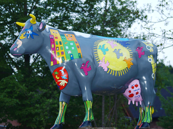 cow, sculpture, painted, figure, colorful