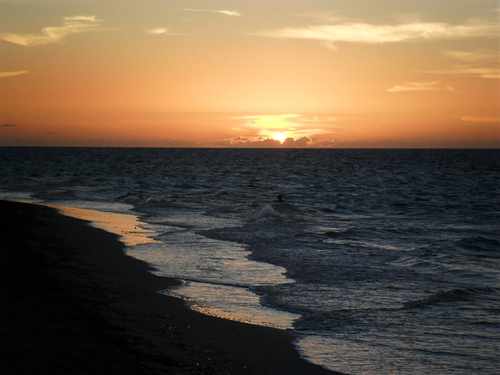 beach, sunset, sand, ocean, dusk, evening, sunrise