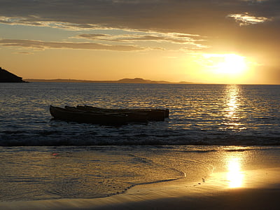 posta de sol, platja, embarcacions, paisatge, Brasil, Búzios, reflexió