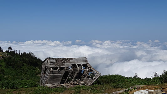 mountains, house, destroyed, ruined house, the top of the mountain, sky, clouds