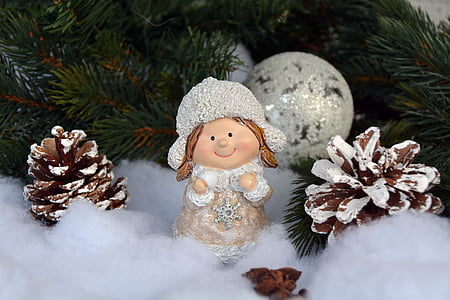 christmas, christmas decoration, girl, advent, snow ball, figure, pine cones