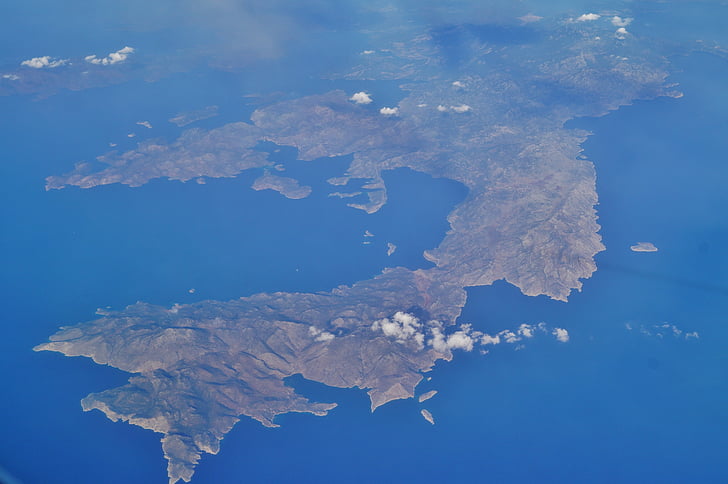 morje, otok, zemljišč, let, pogled iz letala, pogled, Grčija