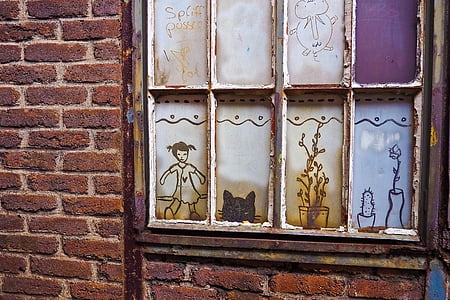 okno, Tarcze, graffiti, sztuka, okna kraty, huty, budynek fabryki