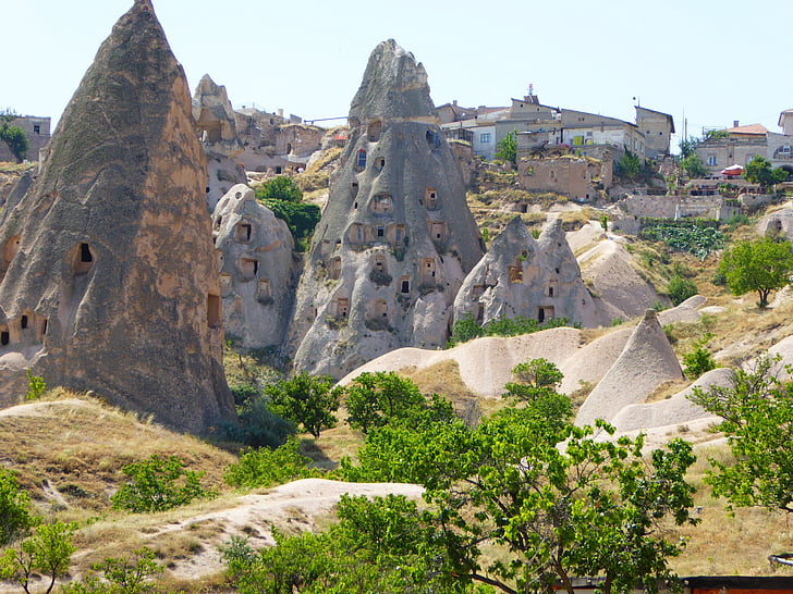 casas cueva, Turquía, Esmirna, Capadocia, Goreme, lugar famoso, montaña
