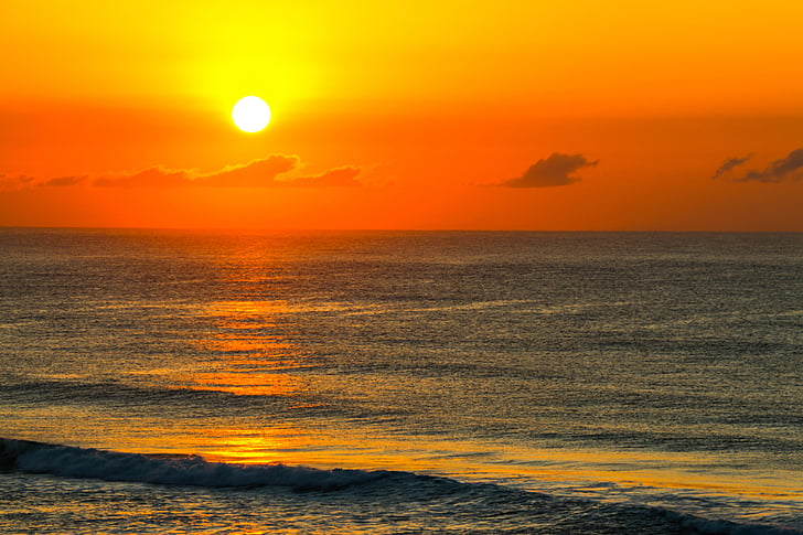 zachód słońca, morze, fale, niebo, blask, pomarańczowy, chmury