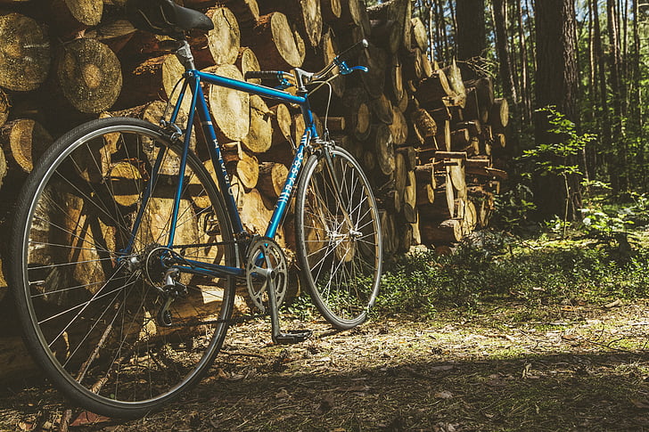 blue, commuter, bike, lean, stack, brown, wood