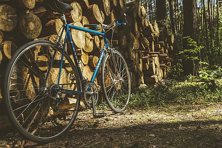 plava, prigradskim, bicikl, mršav, stog, smeđa, drvo