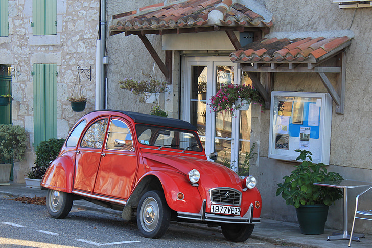 Citroen 2cv, autó, francia autó, Vintage autó, kávézó, autó, piros autó