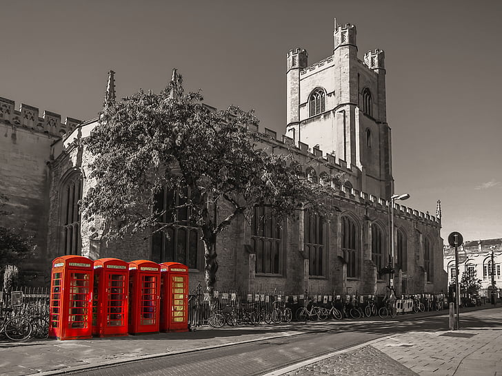 Cambridge, a telefon fülkében, templom, angol, město