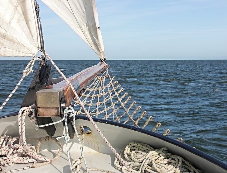 sailing vessel, jib boom, kluver network, sailing boat, horizon, water, sea