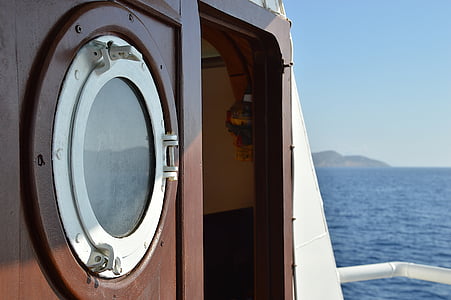 ferry, greece, chalki, island, porthole, sea, holiday