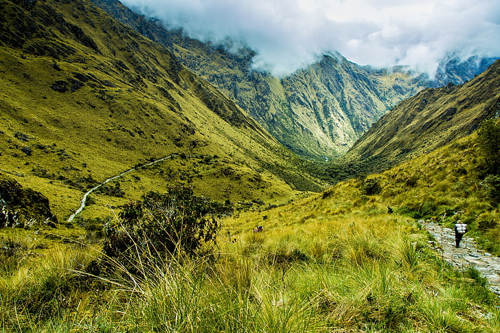 Peru, a pé, montanha, grama verde, paisagem, caminhadas, verde