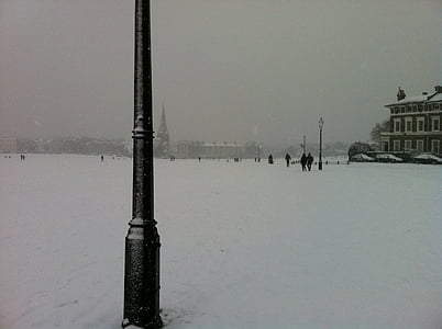 snö, Blackheath, Greenwich, lyktstolpe, landskap, vykort, kalla