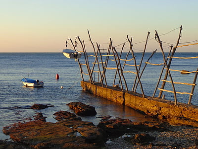 lodě, Já?, molo, Západ slunce, Chorvatsko, pontonový most