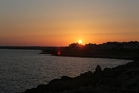 posta de sol, cel, l'aigua, Costa, Mar, ciutat